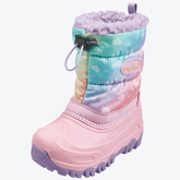 Rückansicht des rosa Playshoes Winterstiefels mit Regenbogenfarben und Herzchenmuster, violettem Innenfutter und robuster Profilsohle.