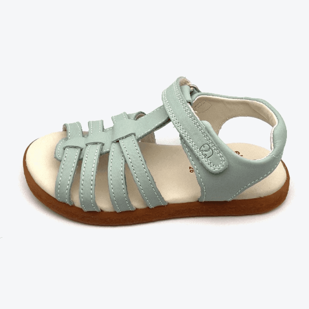 Linksseitige Ansicht der Elefanten-CatCresiBuzious-Kindersandalen in Größe 25, in der Farbe Türkis.