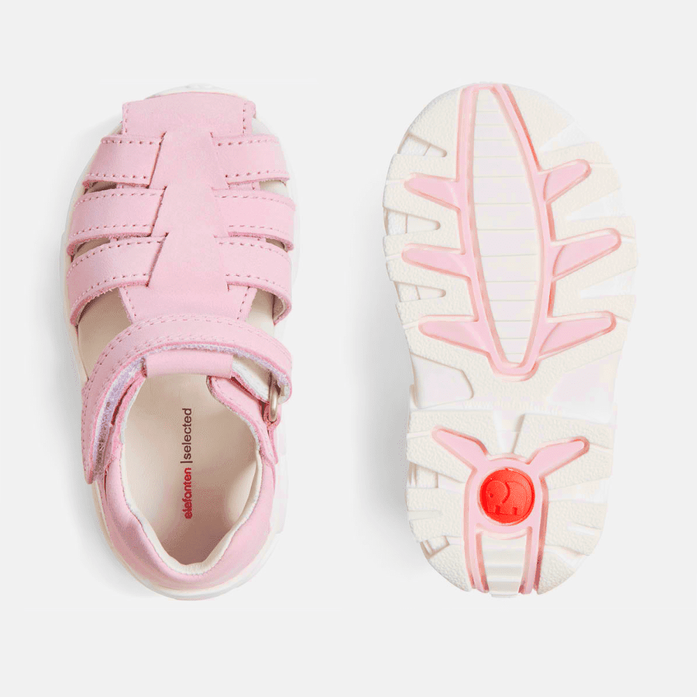 Sohlenansicht der Elefanten-FisherFido-Kindersandalen in Größe 22, in der Farbe Rosa.