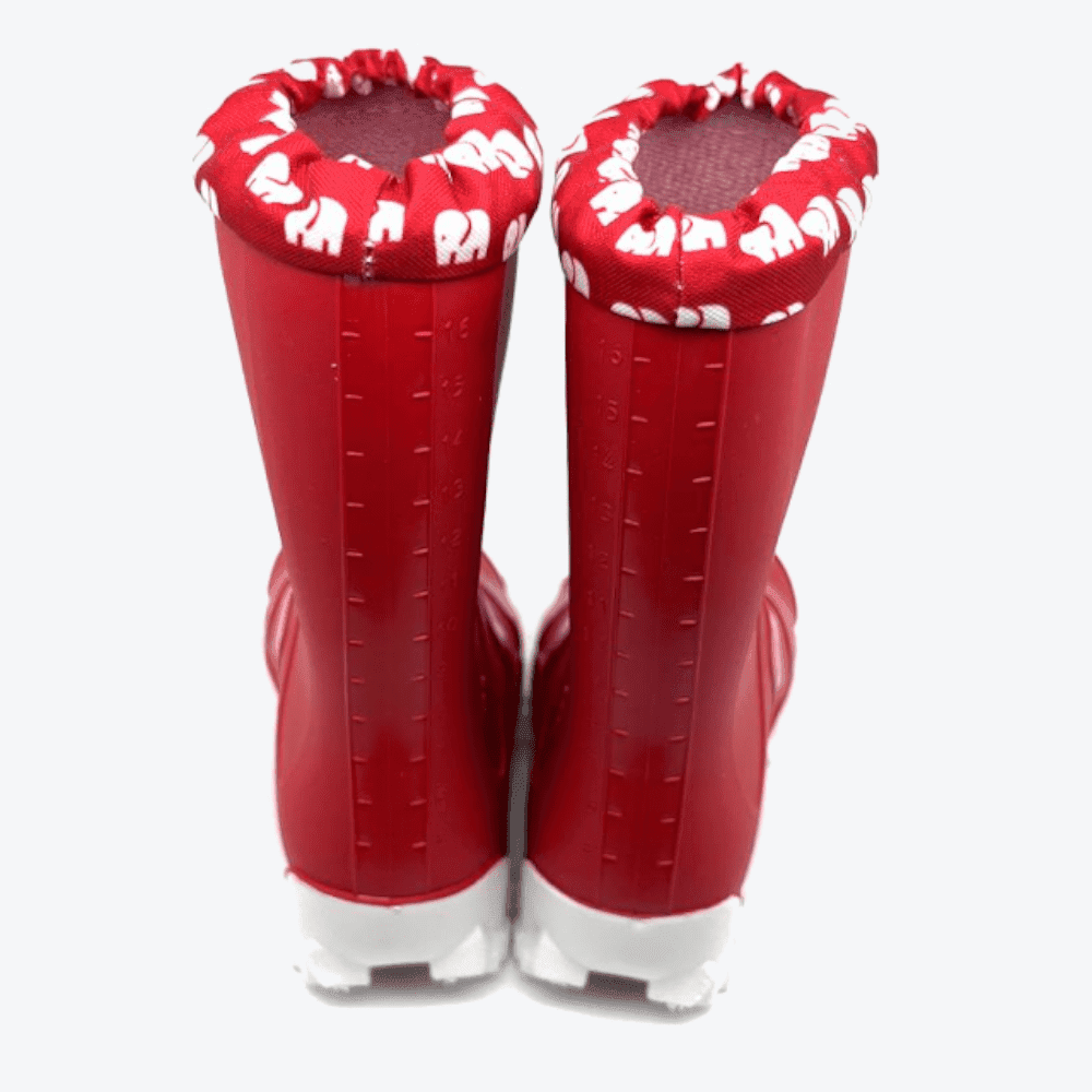 Rückansicht der knallroten Elefanten JellyJesna Gummistiefel in Größe 22