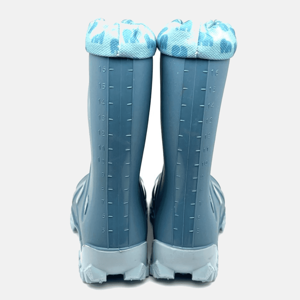 Hinteransicht der Elefanten-JellyJussi-Gummistiefel in Türkis, Größe 23.