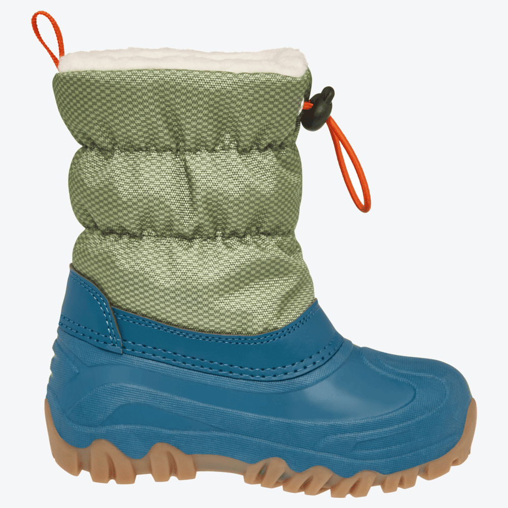 Rechte Seitenansicht des Playshoes Winterstiefels in Grün und Petrol, mit orangefarbenem Kordelzug und kuscheligem Innenfutter.