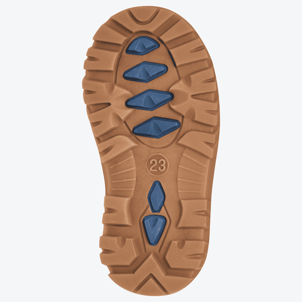 Unteransicht der rutschfesten Profilsohle des Playshoes Winterstiefels, in Braun mit blauen Verstärkungen, Größe 23.